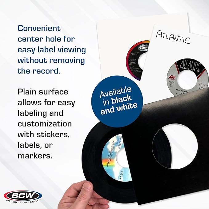 BCW Polylined Black Paper 7 in Square Corner Record Sleeves - 50 ct | Inner Protective Sleeves with Center Hole for Vinyl Records | Acid-Free, Scratch Resistant | Ideal for DJs and Vinyl Collectors