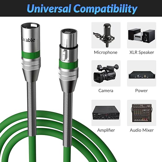 XLR Microphone Cable 75 FT, XLR Male to Female Balanced Mic Cable, 3-Pin Shielded Speaker Cord, Zinc Alloy Connectors, 22AWG Pure Copper, Metal Spring SR, Recording Studio, Podcast, Green