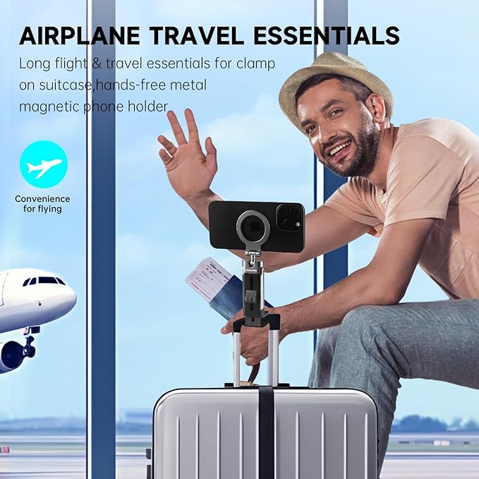 Magnetic Airplane Phone Holder for iPhone 17-12 Series, Foldable Magnetic Phone Stand for Desk, 360° Rotation Phone Tripod Mount, Travel Phone Holder with Strongest Magnet