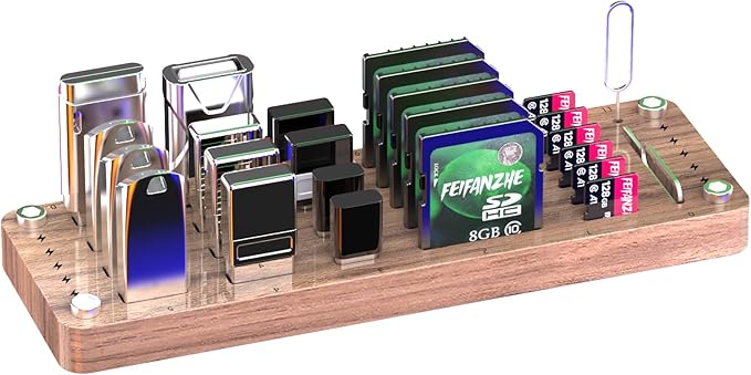 FEIFANZHE 25 Slot Wooden Memory Card Case Box and USB Drive Stand - SD Card Holder, Micro SD Case, Mobile Card Taking Needle - FSNH01M