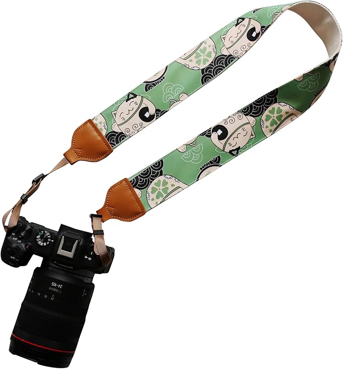 UNIKSTRAP Original Design Adjustable Camera Strap “Green Fortune Cat”, 2 Inch (5cm) Width, Fit for Canon Nikon Sony Interchangeable Lens Digital Camera/DSLR