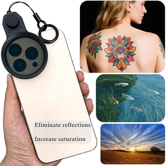 52mm CPL Polarizing Filter Clip-on Lens Kit for iPhone 17, 16, 15, 13, 12, Samsung and Android Phones, with Lens Cap, Filter Case, Cleaning Cloth