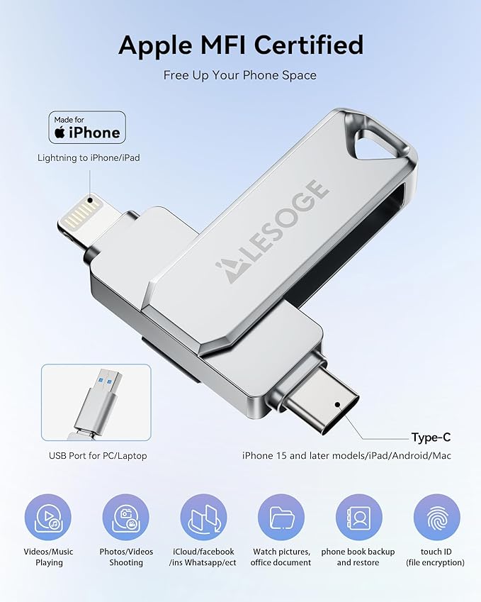 MFi Certified Flash Drive 256GB for iPhone USB Memory Stick, USB Stick High Speed Thumb Drives Photo Stick External Storage for iPhone/iPad/Android/PC