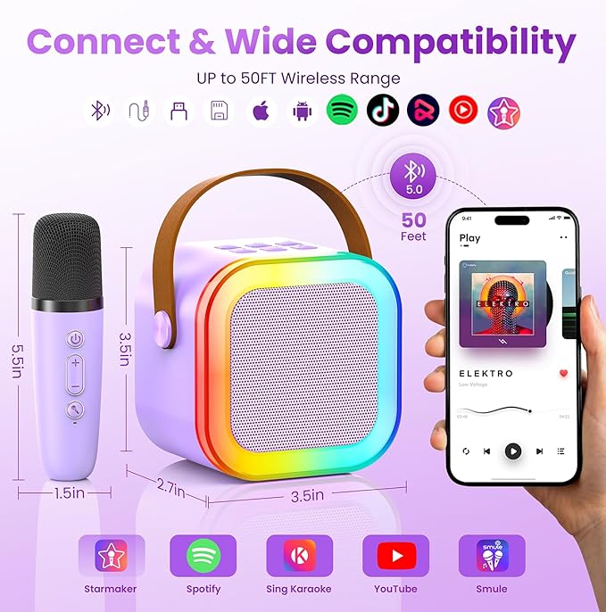 Mini Karaoke Machine for Kids Adults, Portable Bluetooth Speaker with 2 Wireless Karaoke Mics Player,2026 TOP Birthday Gifts Toys for Girls 3,4, 5, 6, 7, 8+Years Old Toddler(Light Purple)