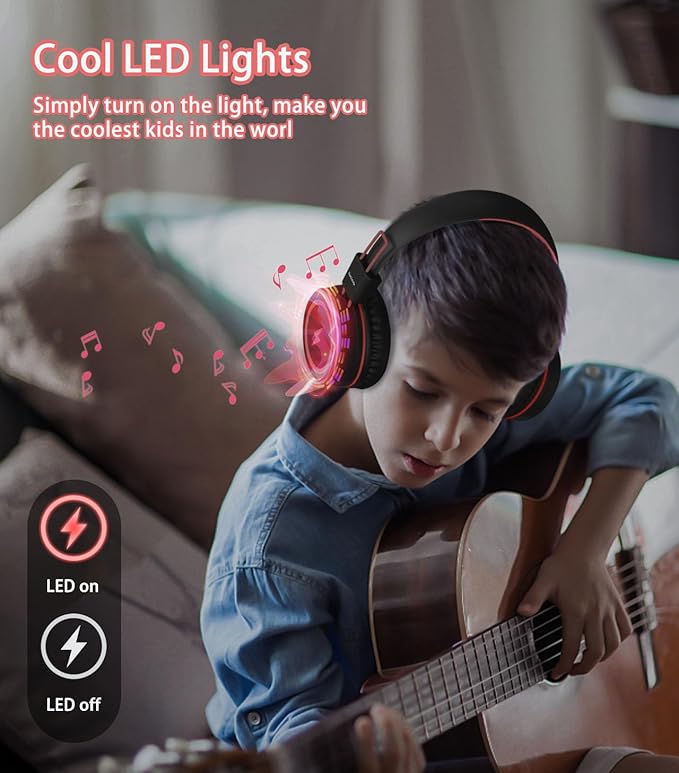 Kids Headphones with LED Lights for School, Upgrade USB Type C Kid Headphone with Microphone, Volume Limiter 85/94dB, Wired On Ear Headphones for Boys/Girls/Tablet/Travel -Black