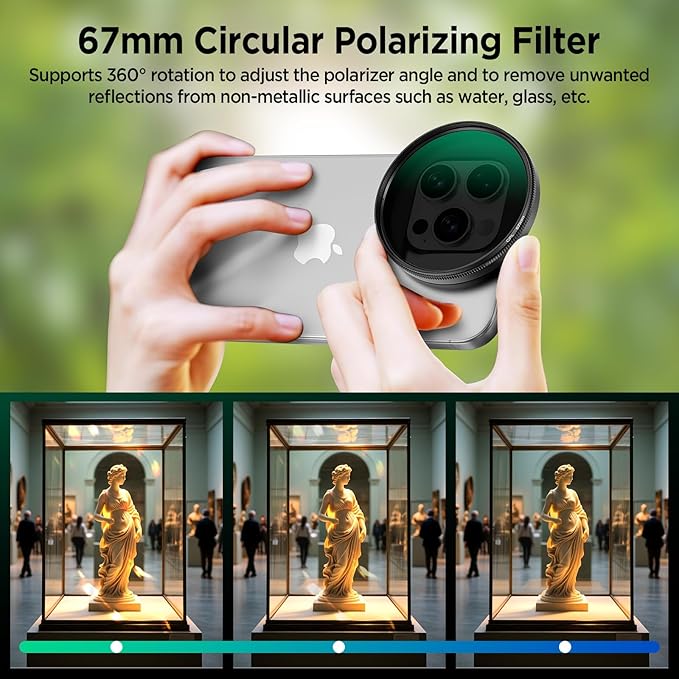 67mm CPL Filter for Phone, AR-Coated Polarizing Lens with Metal Cold Shoe Phone Clip, Circular Polarizer Filter Compatible with iPhone 16 15 14 Pro Max Plus Samsung Galaxy Moto Google TCL DSLR Cameras