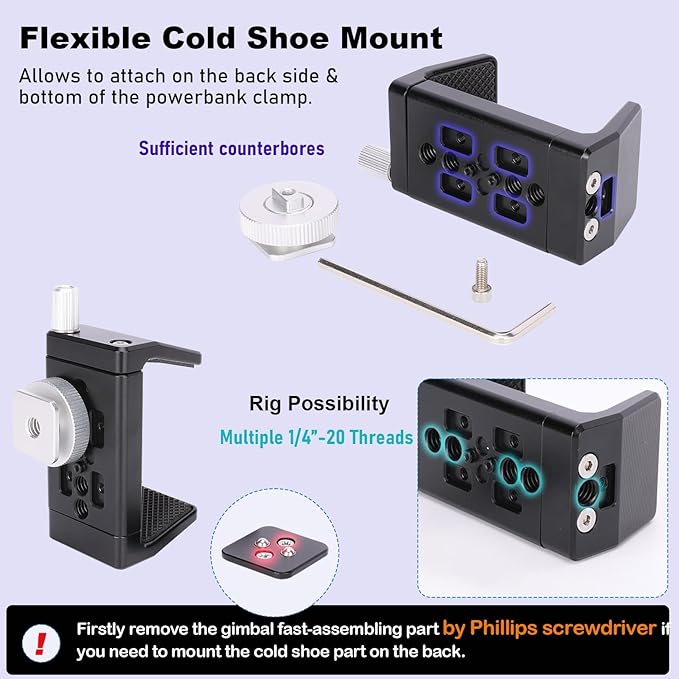 NICEYRIG Aluminum Power Bank Clamp for DJI RS 2 / RS 3 / RS 3 Pro, 50mm - 88mm Wide Range Universal Portable Charger Holder with Detachable Cold Shoe Mount for DSLR Camera, Gimbal System - 540