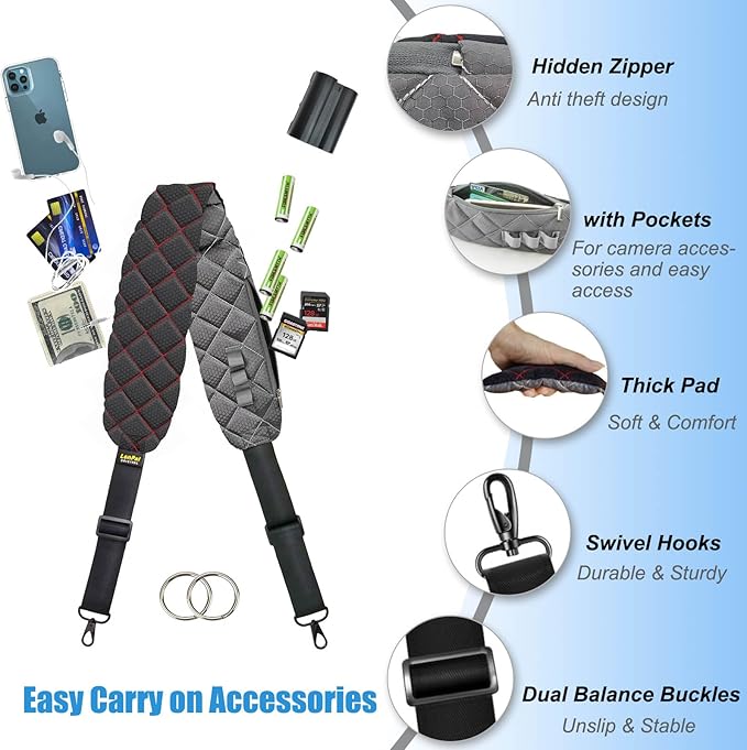 LONPAI Ultra Comfortable Camera Strap with Pockets and Thick Padded for Photographers, Adjustable Universal Cam Neck Belt