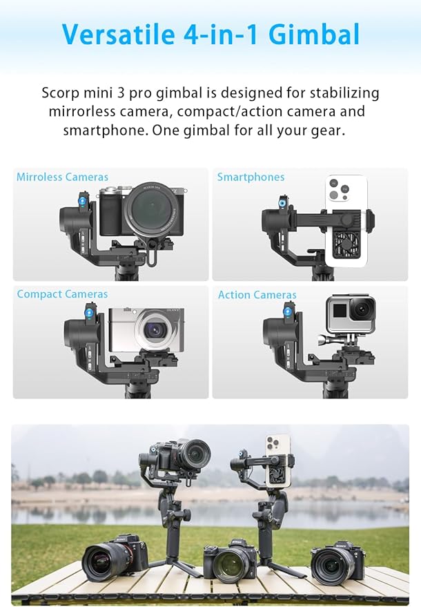 FeiyuTech SCORP Mini 3 Pro [Kit] AI Tracking Camera Stabilizer with Bag+Fill Light+Extension Pole, Detachable Remote Handle, 4.4lbs Payload All in One Gimbal Stabilizer for Camera & Smartphone
