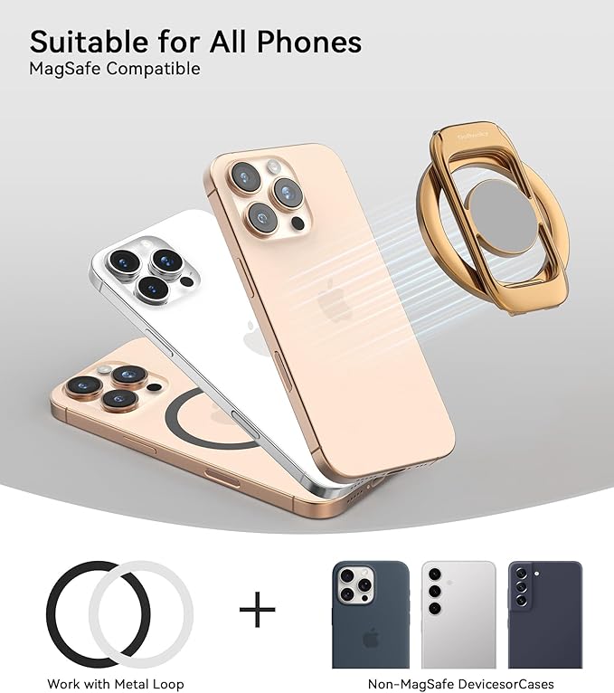 Magnetic Phone Ring Holder for MagSafe Phone Grip & Kickstand, Strong Dual-Sided Magnets Compatible with MagSafe Car Mount for iPhone 17/16/15/14/13/12 Pro Max and Android Phone Cases (Gold)