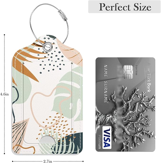 PU Leather Luggage Tags for Suitcase, Travel Cruise 2 Pack with Privacy Flap, Name ID Label and Metal Loop for Women Men Girls Baggage Bag Backpack Instrument, Boho Leaves