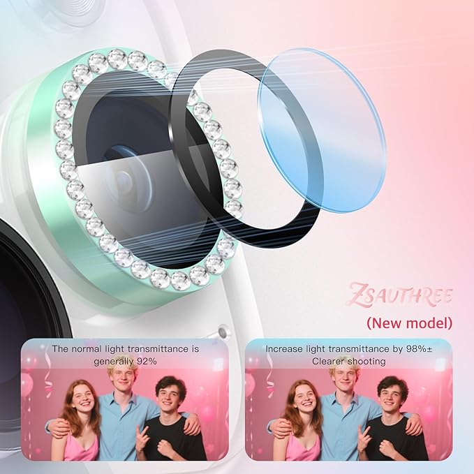 Camera Lens Protector Bling Compatible for iPhone 15 Pro/15 Pro Max,9H Tempered Glass,1Step Installation Tray,HD Clear/Military Grade Shatterproof/Scratch Resistant(Diamond Light Green)