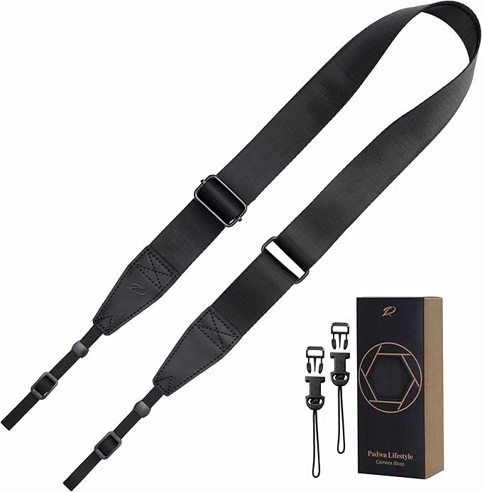 Padwa Lifestyle Black Adjustable Camera Strap - 1.5" Top Layer Cowhide Head Camera Straps for Photographers, Nylon Adjustable Neck Shoulder & Crossbody Strap Quick Release for All Cameras