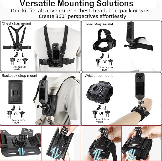 PellKing Accessories Kit for insta360 X5,Included Carrying Case with Belt,2 Pcs Metal 1/4" Adapter,Handlebar Clamp,Magnetic Mount,43in Selfie Stick,Chest Strap,Head Strap,Backpack Mount,and Others