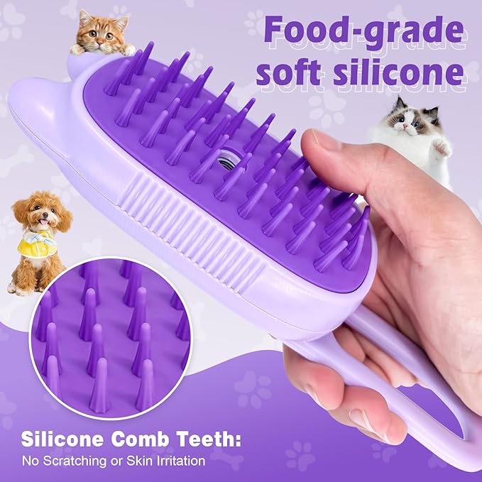 Pet Steam Brush for Dogs and Cats, Spritz Defur Comb 3 in 1 Pet Rechargeable Steam Brush Tool for Long and Short Haired Cats and Dogs, Anti-Static, Shedding, Detangling, Massage & Combing (Purple)