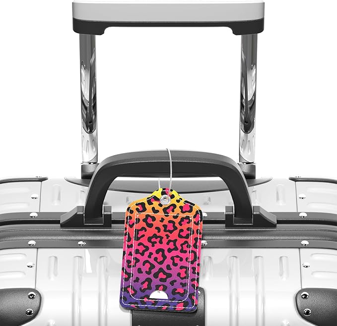 Luggage Tags for Suitcase, 2 Pack PU Leather Travel Cruise Luggage Tag with Privacy Flap, Name ID Label and Metal Loop for Women Men Girls Suitcase Baggage Bag Backpack, Colorful Leopard