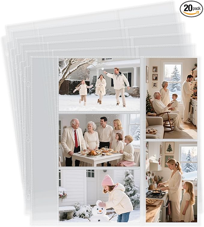 Oversized Photo Album Refill Pages 12x12, Mixed 4x6 Photo Sleeves for 3 Ring Binder, D-Ring Scrapbook Album, Wedding Family Anniversary Baby Travel Book, 20 Acid-Free Page Protectors with 200 Pictures