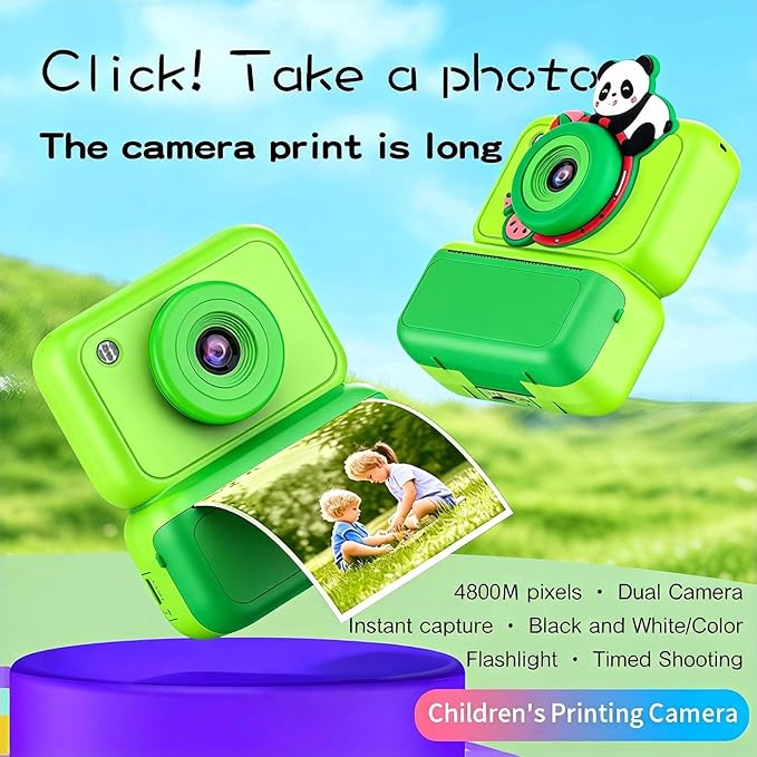 Kids Camera Instant Print, Instant Camera with 4 Roller Photo Paper & 32GB Card, 1080P Dual-Lens Digital Camera for Kids, Boys and Girls Toys Gifts for Teenage Girls Kids Toys for Ages 8-13 (Green)