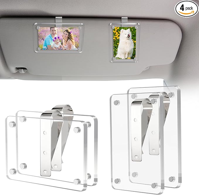 FDKYOEK 4 PCS Car Photo Holder, Car Picture Holder, Transparent Acrylic Car Photo Clip, Photo Car Visor Clip, Personalized Sun Visor Picture Clip for Car, Car Sun Visor Photo Holder