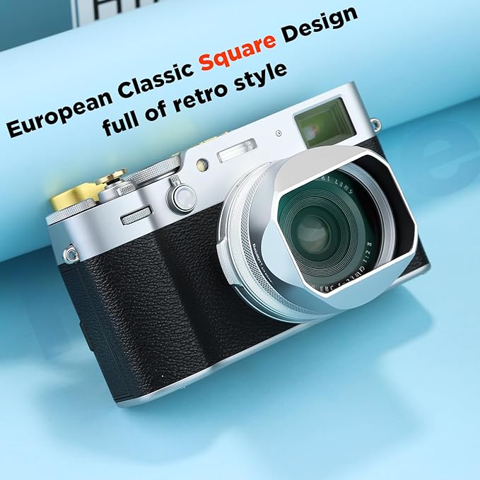 Haoge Square Metal Lens Hood for Fuji X100VI Fujifilm FinePix X100V X100F X100 X100S X100T X70 Camera Accessories Silver with Cap and 49mm Adapter Ring Kit