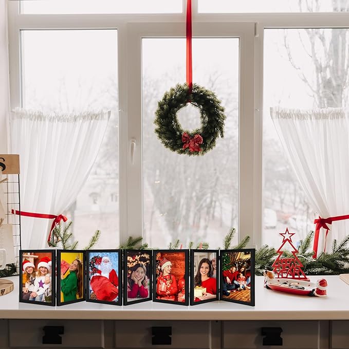 Sintuff 7 Pictures 5 x 7 Frame Folding Hinged Picture Frames Foldable Photo Frames High Definition Natural Wood Collage Picture Rustic Desktop Acrylic Frame for Family Wall Decor Black