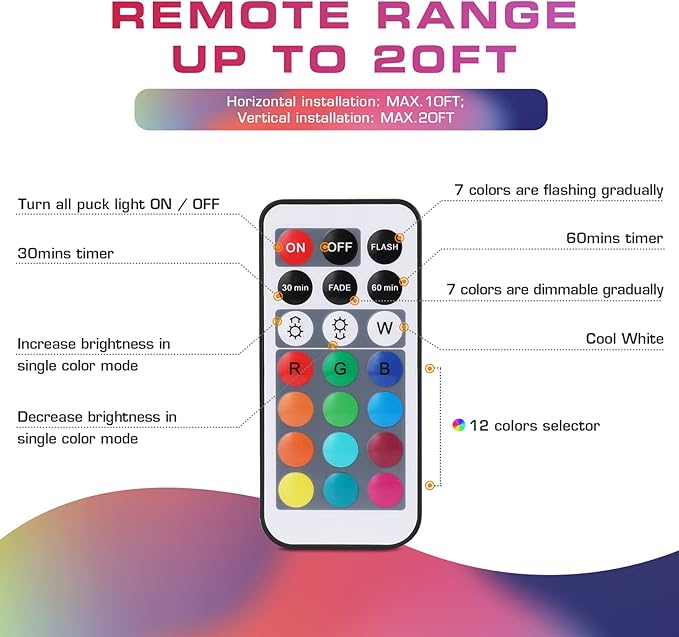 EverBrite Tap Light, LED Puck Lights, Wireless Push Lights, Remote Controlled Closet Lights with 12 RGB Colors, Perfect for Under Cabinet, Closets, Pantry, with 18 AAA Batteries, 6-Pack