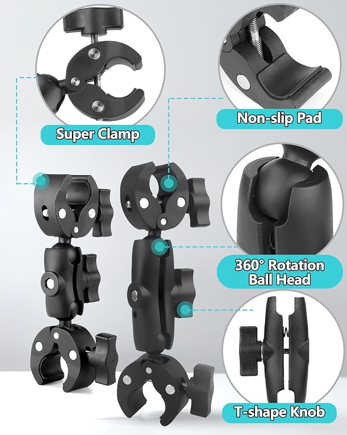 Double Super Clamp Mount 7.28"/18.5cm & 8.86"/22.5cm, Motorcycle Bike Handlebar Umbrella Pole Chair H oleder Clamp Mount for Light Stand Reflector Boom Stand Selfie Stick