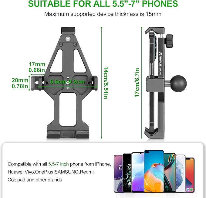 FANAUE Aluminum Motorcycle Phone Holder with 1" Ball Head Adapter Compatible with RAM Mounts B Size Double Socket Arm & Bike Phone Mount for 5.5-7" Smartphone