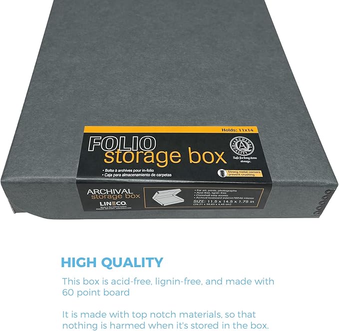 Lineco Archival Folio Storage Boxboard, Acid-Free with Metal Edges Boxboard, 11.5 X 14.5 X 1.75 Inches, Longevity Organize and Store Photos Documents Crafts Cards Magazines Prints DIY, Gray Exterior