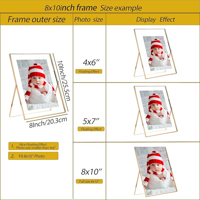 Gold 8x10'' Floating Frame Set of 2, For Photo Sizes ( 5x7'' ,6x8'' 7x9'' up to 8x10''), Beautiful Metal Lace Edge Frames Adjustable Tabletop/Shelf Photo Frame, Classy Gift Choice for Wedding,