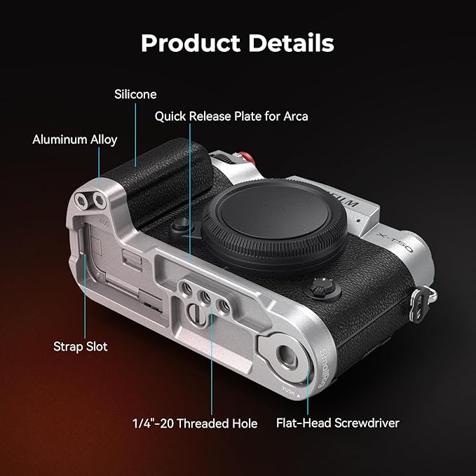 SMALLRIG X-T50 Handgrip, Silicone L-Shape Handle for FUJIFILM X-T50 Camera, Built-in Quick Release Plate for Arca, with Shutter Button and Hot Shoe Cover, Silver - 4713