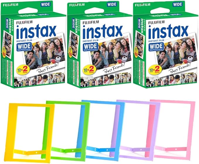 Fujifilm Instax Wide Instant Film + Plastic Photo Frames (Blue, Green, Pink, Yellow & Purple â€“ Deluxe Bundle (60 Film)