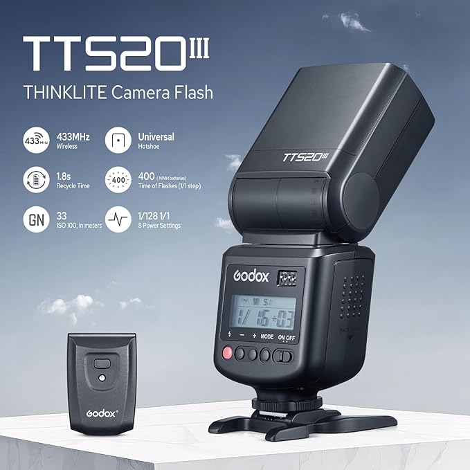Godox TT520III TT520 III Camera Flash, Universal Hot Shoe Flash, GN33 Manual Flash with RT-16 Wireless Transmitter, Compatible for Canon Nikon Sony Pentax Olympus Fuji Panasonic Camera with Hot Shoe