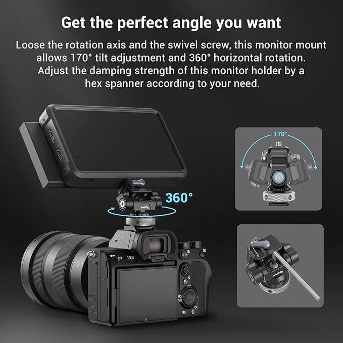 SmallRig Quick Release Camera Monitor Mount with Cold Shoe, Supports Swivel 360° and Tilt 170° Adjustable, Drop-in HawkLock Camera Hot Cold Shoe Monitor Holder for 5" & 7" Monitor - 3514C