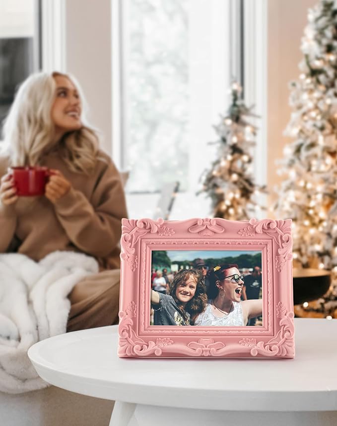 Pink Picture Frames 5x7 for Drawings Prints, Small Colorful Decorative Frame with Real Glass/Stand, Retro Ornate Memorial Frame Gift for Wedding Baby Shower Retirement (Light Pink)