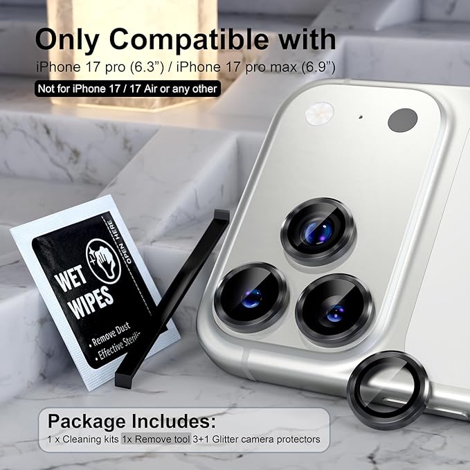Choiche Compatible for iPhone 17 Pro/iPhone 17 Pro Max Camera Lens Protector, 9H Tempered Glass Camera Cover Screen Protector Metal Ring Decoration Accessories (Black)