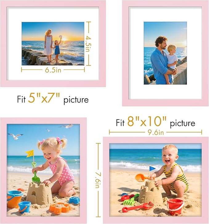 Vittanly 8x10 Picture Frame, Made of Solid Wood and Shatterproof Plexiglass, Display Pictures 5x7 with Mat or 8x10 without Mat, Wooden Photo Frame for Wall Mounting or Tabletop Display, Pink, 1 Pack