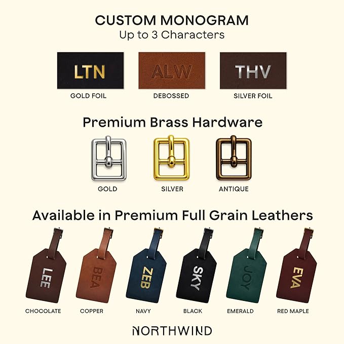 Northwind Personalized Leather Luggage Tag – Made in USA - Custom Monogram Travel Bag Tag, Handmade Premium Leather with Secure Strap, Unique Durable Travel Accessory Gift for Him and Her