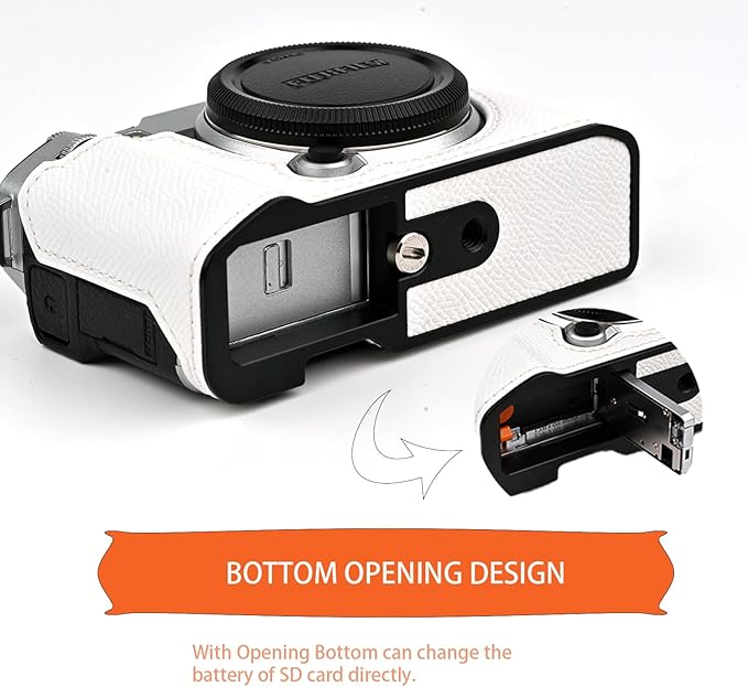 Uchandmade Handmade Genuine Leather Camera Half Case for Fujifilm X-M5/Fujifilm X-M5 Camera Case/Fujifilm X-M5 Case - Top Layer Cowhide Body + Metal Base Plate (White)
