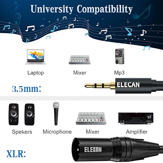 Elecan 3.5mm (1/8 Inch) TRS Aux Male to XLR Male Cable 20 Ft, Balanced Professional Shielded Stereo Microphone Cable Cord, Gold Plated for DSLR Camera Mixer Headphones with 3.5 to 6.35mm Adapter+Ties