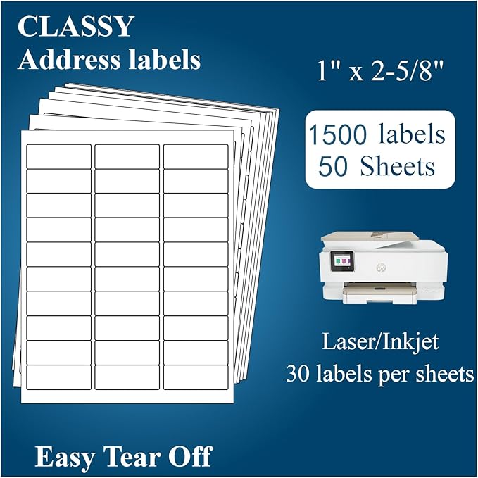 (50 Sheets, 1500 Labels) Sticker Paper, 1" x 2 5/8" Shipping Address Labels, 30 Per Page Self Adhesive Mailing Label for Laser and Inkjet Printers