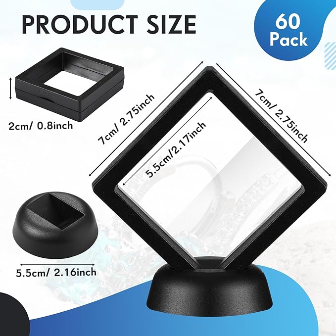 60 Pcs 3D Floating Display Case PE Film Jewelry Storage Box Coins Display Frame Holder Stands for Antique Challenge Coins, Medallion Shells Gems Rocks Pins (White, Black,2.76 Inch)