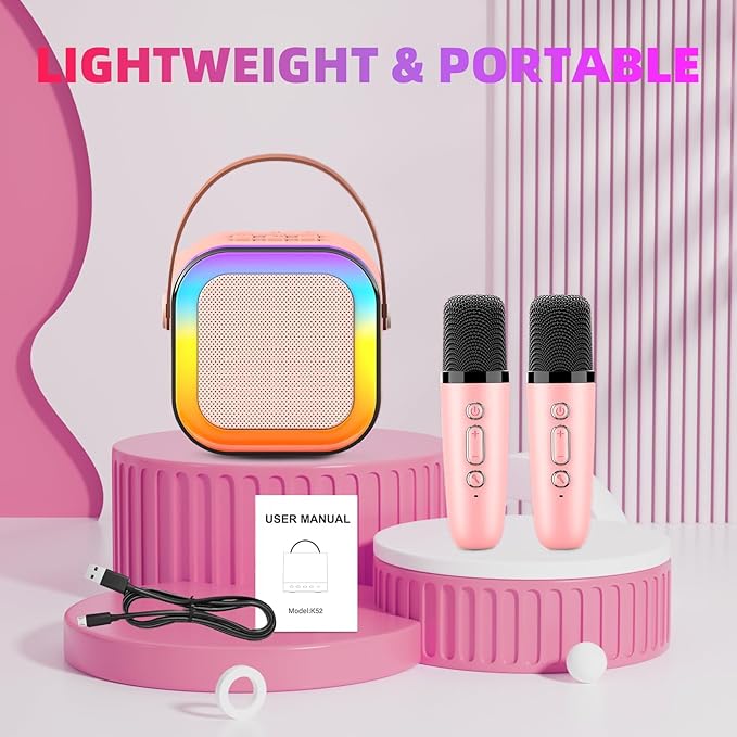 Karaoke Machine for Kids, Kids Karaoke Machine for Girls with 2 Wireless Microphones Mini Portable Bluetooth Speaker Kids Karaoke Machine Gifts for Girls and Boys Family Party (Pink)