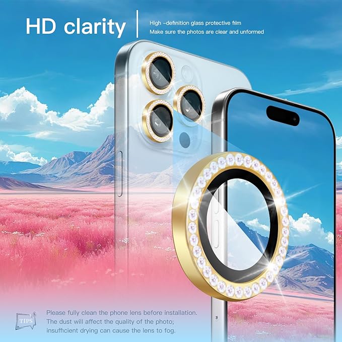 Bling Camera Lens Protector for iPhone 16 Pro/16 Pro Max,9H Tempered Glass HD Clear,Diamond Golden Aluminum Alloy Ring,Scratch Resistant(Diamond Golden)