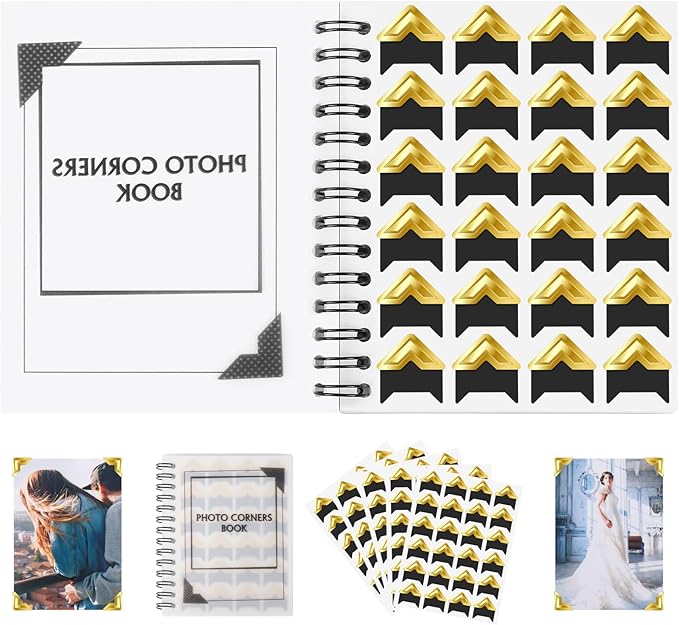 GOONAVI 15 Sheets 360 PCS Golden Black Acid-Free Photo Corners Notebook, Self-Adhesive Corners for DIY Album Journal, Corner Stickers for Trip Memory Book
