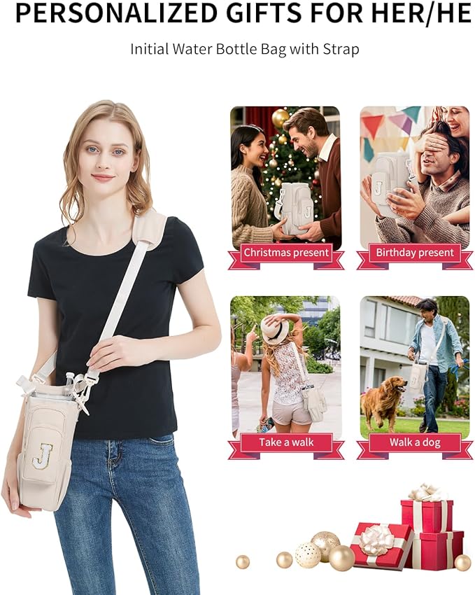 sportsnew Birthday Gifts for Women Personalized Initial Water Bottle Holder with Strap fits most 40oz Tumbler with Handle Water Bottle Carrier Bag with Phone Pocket & Straw Topper Tumbler Accessories