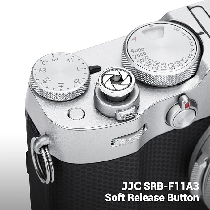 JJC Camera Soft Release Button, Shutter Button for Fuji Fujifilm X-M5 X-T5 X-T4 X-T50 X-T30 III II X00VI X100V X-E5 X-E4 X Half Leica Q3 M10 Sony RX10 IV RX10 III Nikon Zf Df, Silver Aperture Pattern