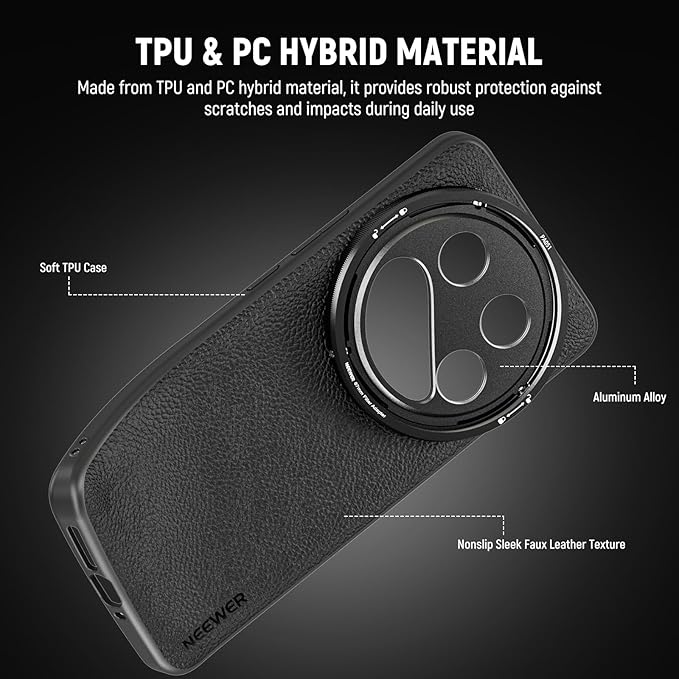 NEEWER 14 Ultra Case, Protective Heavy Duty Case with Wireless Charging, 17mm Lens Mounts & 67mm Filter Adapter, TPU + PC Faux Leather, Compatible with Xiaomi 14 Ultra, PA051 Black