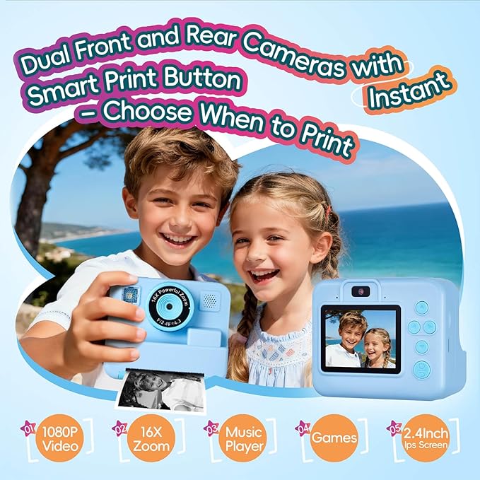 Kids Instant Print Camera, 1080P Selfie Video Camera with DIY Journal Kit – 200+ Accessories, Christmas & Birthday Gifts for Girls & Boys Ages 3-12 (Blue)