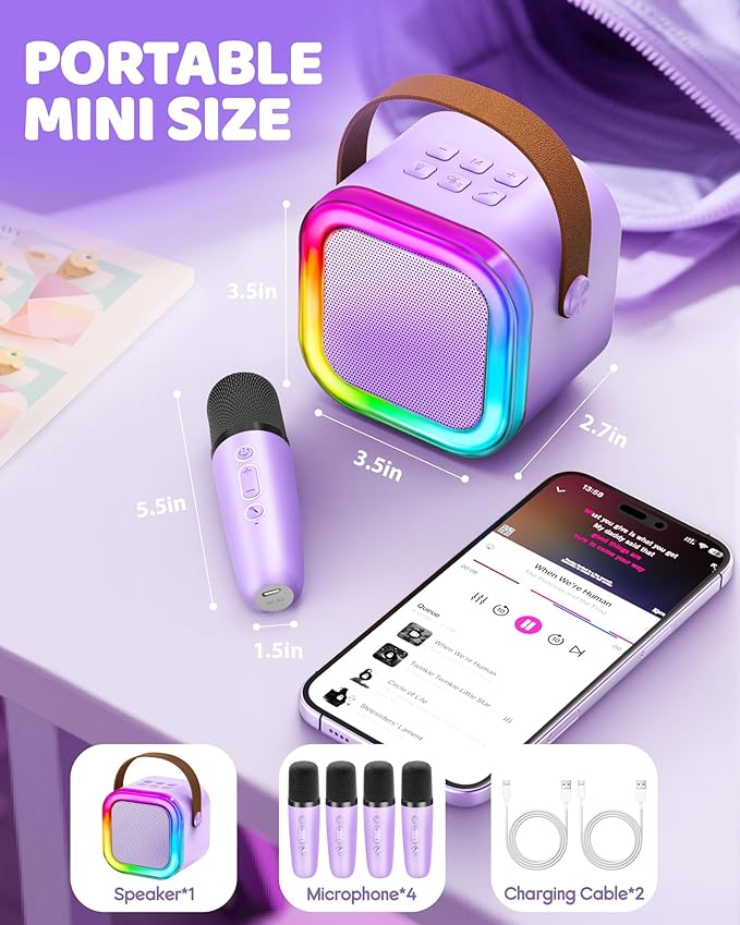 Mini Karaoke Machine for Kids, 2026 TOP Toys Birthday Gifts Ideas for Girls Ages 4, 5, 6, 7, 8, 9, 10, 12+ Years Old, Portable MP3 Player with 4 Wireless Mics for Family Home Party